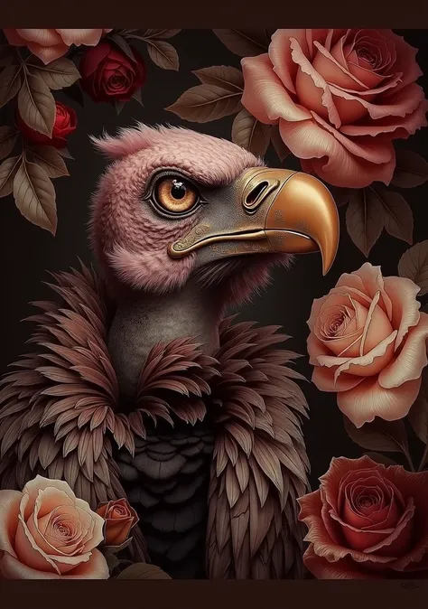 
a seamless pattern of vintage roses with a vulture in the foreground, side view, intense look, shiny feathers, glamour glow, small depth of field, grunge overlay, grunge look, warm glow.