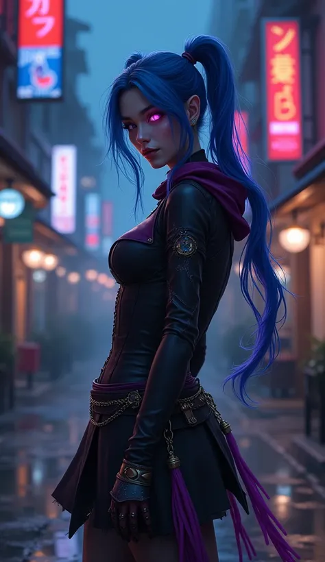 (chef-dœuvre ,  style réaliste , meilleure qualité:1.2 , référence : Jinx dArcane league of legends), Une femme debout dans la pénombre , seule,  visage levé vers lobjectif , modèle professionnel ,  cheveux bleus tressés (2 très longues tresses basses), ye...