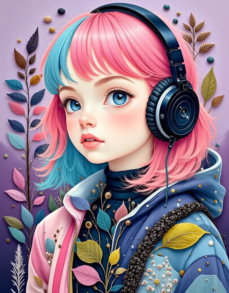 ((1swpth1))，photo girl， in a cool costume ， an asian girl with pink and blue hair，facing the camera， big headphones on her head ...