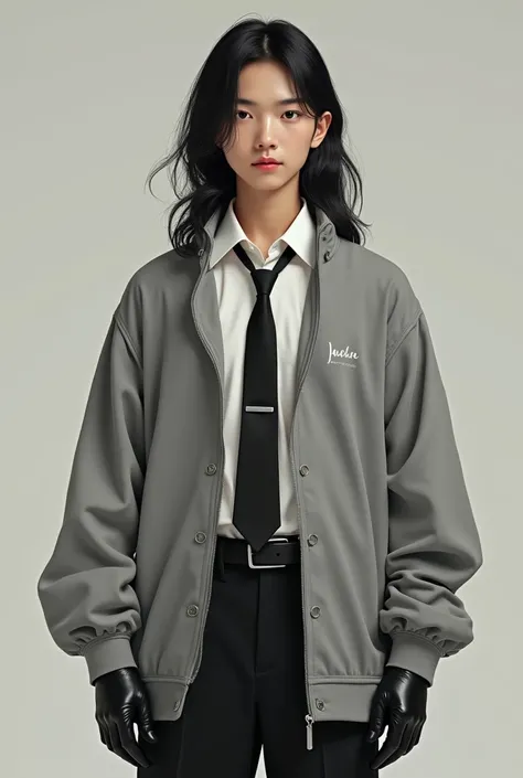 Live Action teen Asian boy with Long black Shoulder-Length Hair, Wearing a LONG Sleeved, Baggy Grey Sweat Shirt Over a White Dress shirt and tie and Kacey Long Pants. With Black Leather Gloves