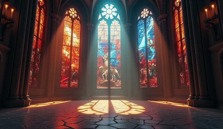 A photorealistic depiction of an imposing cathedral with large stained glass windows depicting the Four Horsemen of the Apocalypse in different scenes. Each window features intricate, vibrant illustrations of the horsemen in dramatic moments, capturing the...