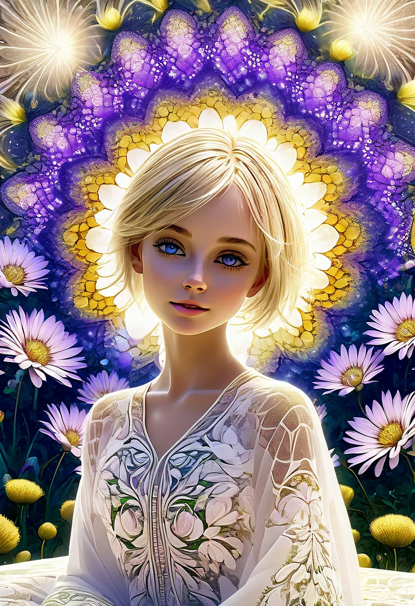 a beautiful girl with short blonde hair in a field of flowers, elegant mandala and fractal patterns in the background, soft beds...