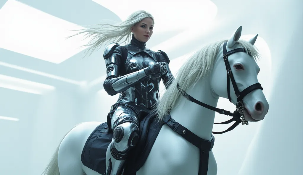 a semi robotic female knight riding a white mechanical horse with flowing long hair and holding a handgun is a future police off...