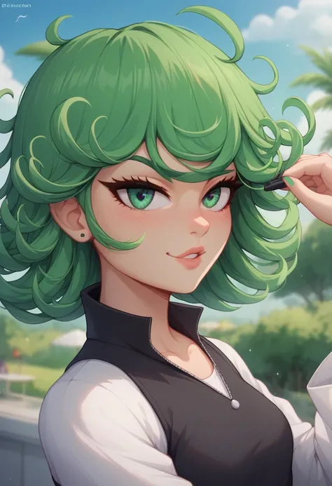  cartoon girl with green hair and green and white outfit, fused character, Tatsumaki con cabello rizado verde, inspired by Puru , Ilustración estilizada con  cell shaded ,  inspired by Leiko Ikemura ,  cell shaded !!!, green skin!!, sonic oc, Tatsumaki,  c...