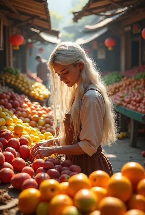 Beautiful white girl with long hair working in a fruit market

