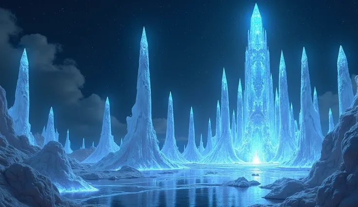  Sets of tall towers that extend into the sky,  made entirely of moon crystal . Moonlight seems to pulsate on ,  as if they had a life of their own .  Small walkways connect one tower to the other .