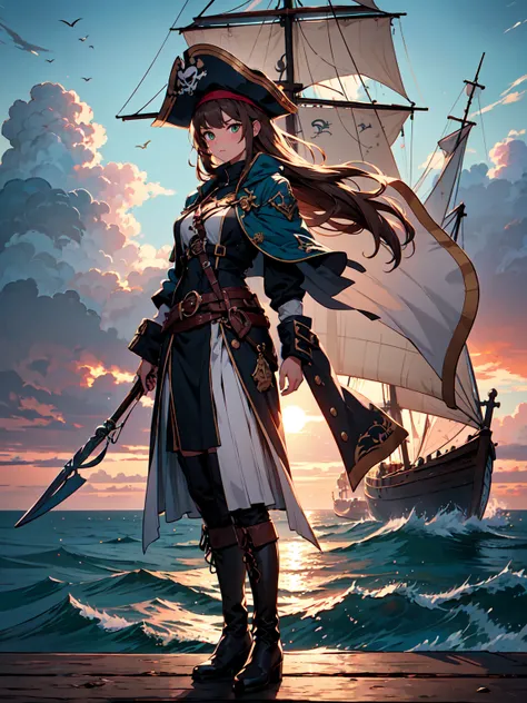 ((full body shot)) of a girl in rugged, stylish pirate attire with leather boots, a tricorn hat, and a billowing coat, standing on the deck of an ancient, weathered pirate ship. She has long, flowing brown hair and piercing green eyes. Her skin is sun-kiss...