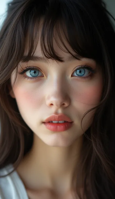 A woman, beautiful face, perfect face, ((high nose)), ((bangs)), ((dark brown hair)), ((indigo eyes)), best quality, high resolution