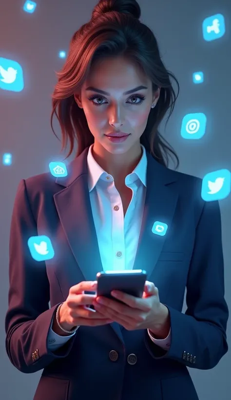 Businesswoman holding a glowing smartphone with floating social media icons in 3D art style