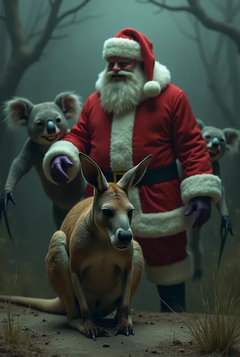  A sad and tired kangaroo walking ,  Santa Claus and a Koala mocking the kangaroo with an evil laugh, pointing with his hands 