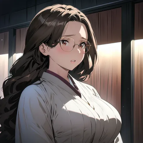 1 female, mature lady, ((sad expression)), very long wavy dark-brown hair, long eyelashes, brown eyes, large breasts, eyeglasses, white coat, (in a meeting room), dim lighting, day light (half-body image:1.3), masterpiece, ultra HD, anime style, (my hero a...