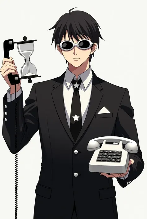 Shinichi Sakurai wearing a white shirt and black jacket with two white stripes on each sleeve of his hands and white swimming goggles with black visors on the collar and a black tie with a white star in the middle and a large hourglass in one hand and a ke...