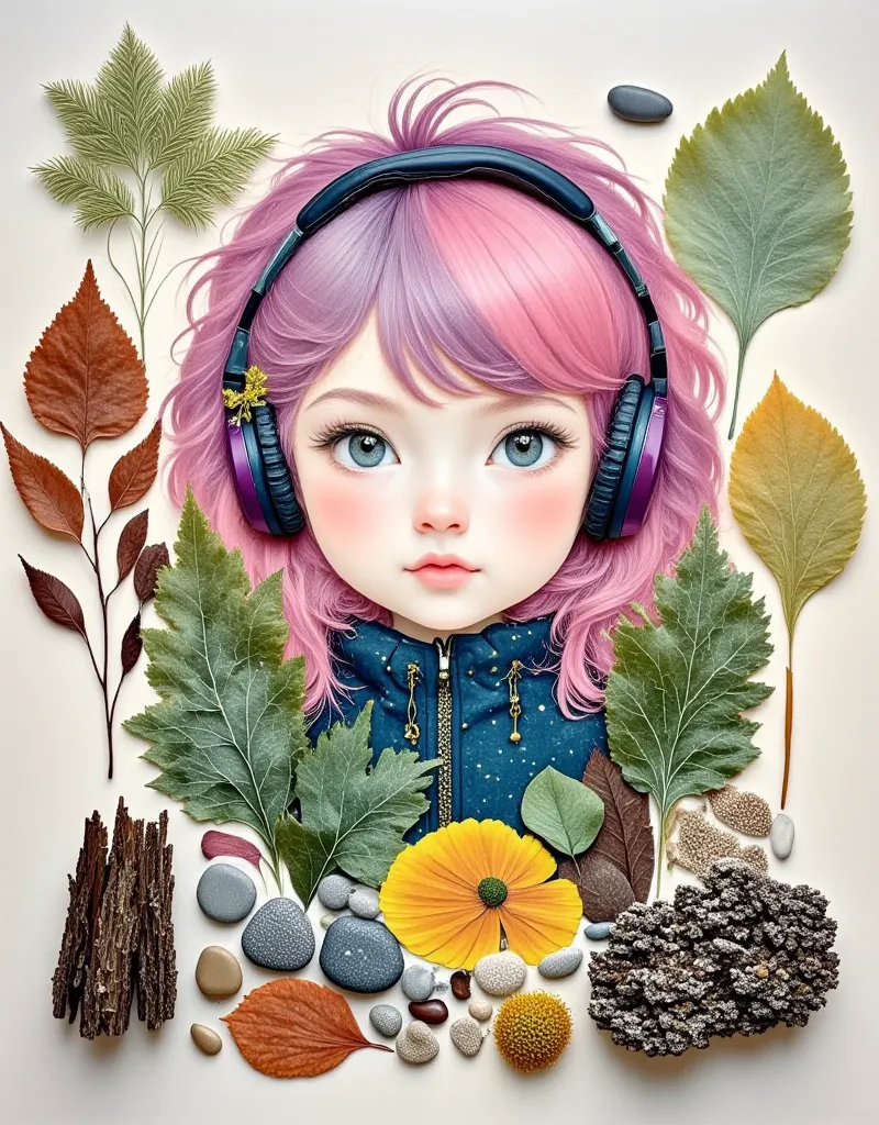 ((1swpth1))，photo girl， in a cool costume ， an asian girl with pink and blue hair，facing the camera， big headphones on her head ...