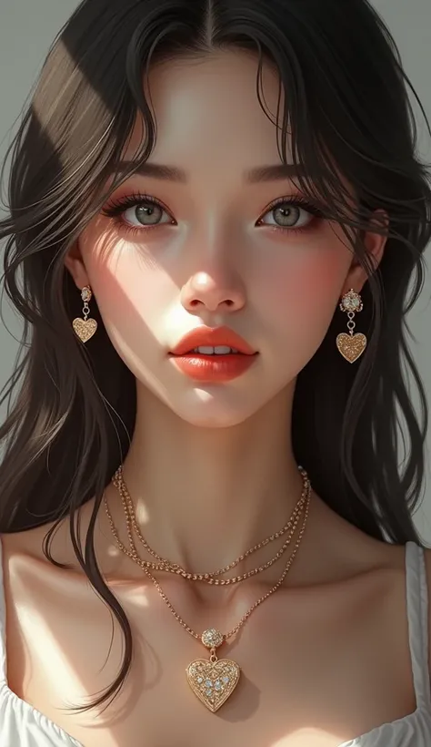 jewelry, earrings, 1girl, solo, necklace, realistic, piercing, heart earrings, ear piercing, looking at viewer, long hair, hoop earrings, grey eyes, lips, parted lips, open mouth