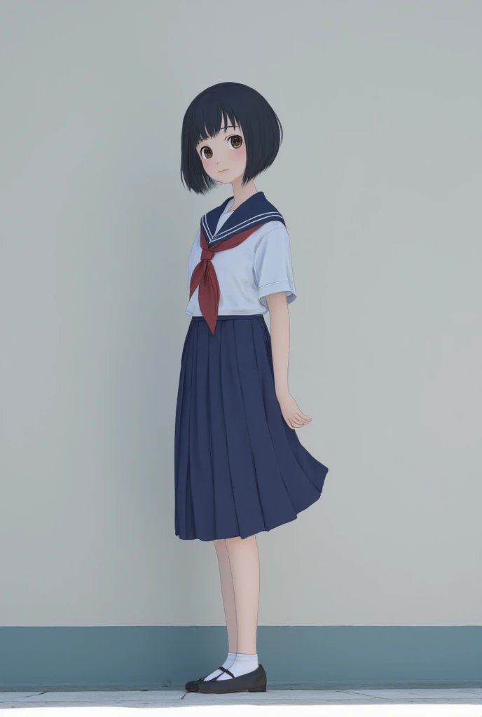  a girl dressed in a Japanese school-style school uniform , a Japanese Asian girl ,  aged 9 to  ,  sweet girl with white hair with bangs , dark hair color, short and straight,  she is standing in front of a gray wall her posture is slender and delicate,  ,...