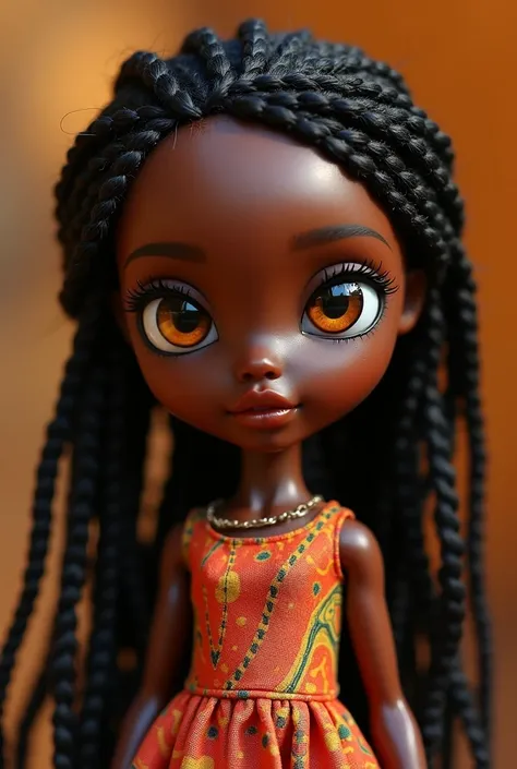 2. "African Splendor "
 A dark-skinned doll ,  with large, bright eyes in shades of amber and hair in braids .  She wears a dress with a tribal print in shades of red , oranges and greens.  The work combines realism in the facial features with three-dimens...