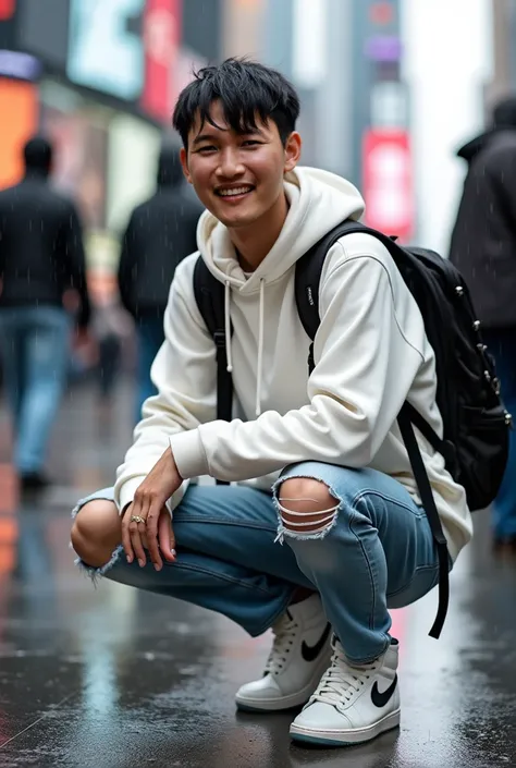  A young Indonesian man, thin cheeks, smiling, ((crouching on the sidewalk Times Square New York City)), black-hair, short-hair, (wet hair), white "Off-White" hoodie, backpack, light blue ripped jeans, white Nike Air Jordan high sneakers, (side poses) boke...