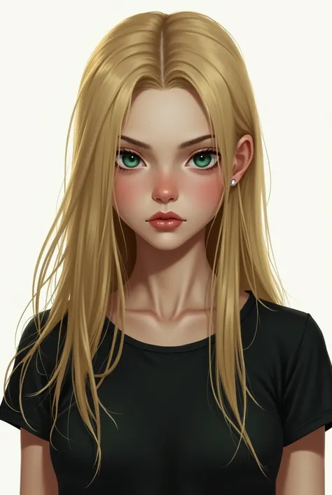  a 19-year-old girl , blonde,  tie, straight and long hair down to a little below the chest. Dark green eyes,  full lips , Profiled nose,  square jaw ,  white skin , with a black t-shirt around the collar. His expression is cold and serious , threatening d...