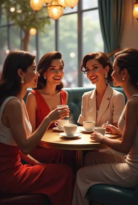 Group of ladies gossiping while drinking coffee.