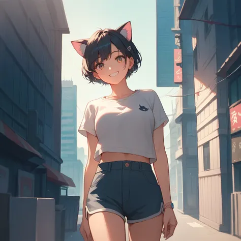 source_anime, score_9, score_8_up, score_7_up, 1girl, cat ears, shirt, shorts, city background, smile