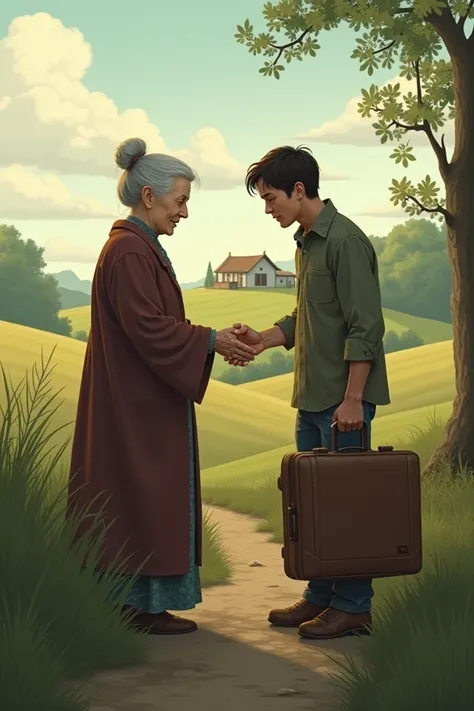  An image of an elderly mother saying goodbye to her son who is leaving the countryside for the city. The mood is farewell and longing  