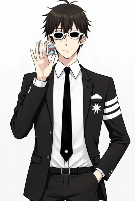 Shinichi Sakurai wearing a white shirt and black jacket with two white stripes on each sleeve of his hands and white swimming goggles with black visors on the collar and a black tie with a white star in the middle and a large hourglass on his left hand and...