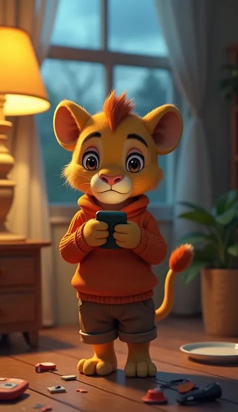 Main Character: The lion cub, still in its orange sweater and brown shorts, holding a small cellphone with both paws. Its face shows a mix of urgency and determination as it speaks into the phone.
Position: The lion cub is standing in the center of a cozy ...