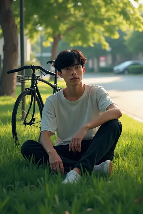 Make a white-skinned, black-haired young man split on a lawn with a bike with a parking lot behind him 