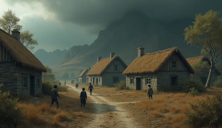 a small town from the 19th century,  with houses made of worn stone and thatched roofs ,  surrounded by dry fields and the dark edge of the forest. The inhabitants look tired and disheveled ,  with gestures of concern .