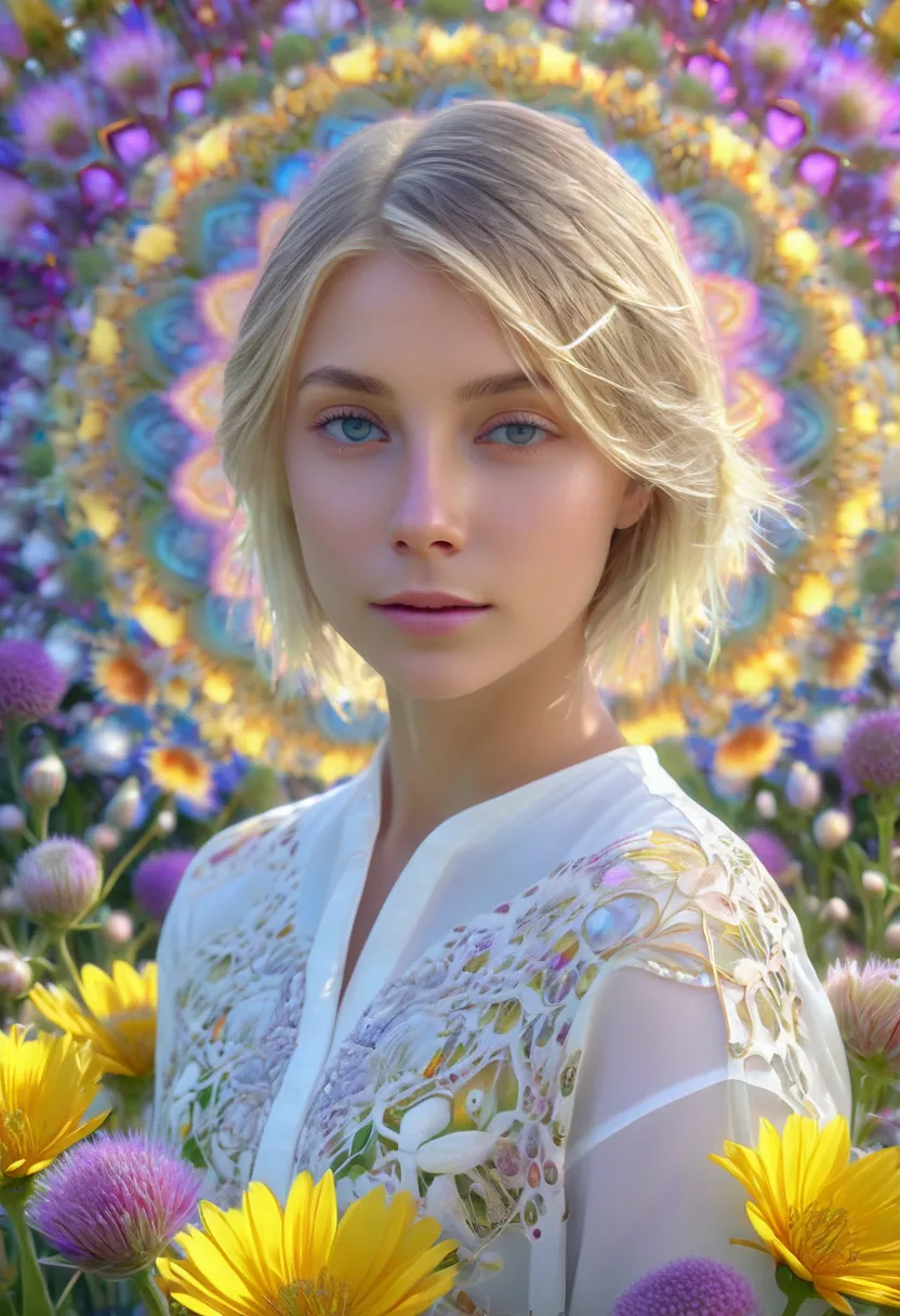 a beautiful girl with short blonde hair in a field of flowers, elegant mandala and fractal patterns in the background, soft beds...