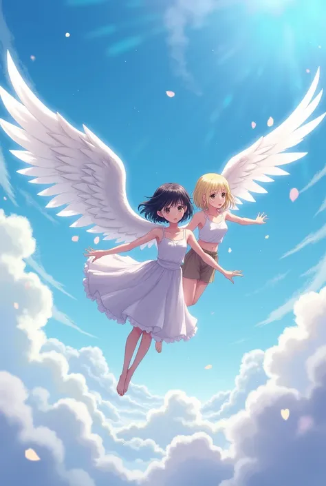 Anime Beautiful Girls Twin Hands Are Wings Flying in the Sky with Short Hair and Black Hair Another Person is Short Haired and Blonde