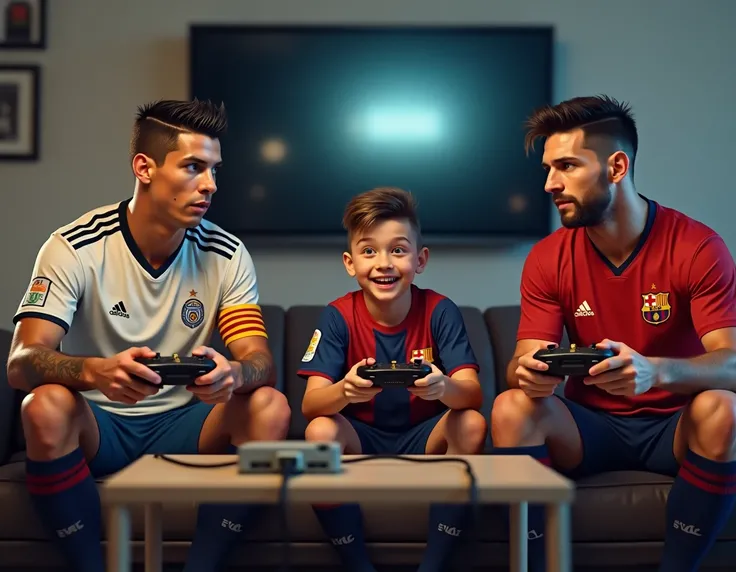 An ultra-realistic 9:16 vertical portrait depicting Cristiano Ronaldo and Lionel Messi seated side by side on a modern sofa, both intensely focused on playing a football video game. Cristiano Ronaldo wears the Portuguese national team jersey, holding a Sup...