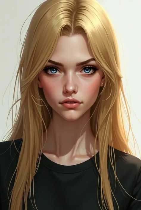  a 19-year-old girl , blonde,  tie, straight and long hair down to a little below the chest. Dark green eyes,  full lips , Profiled nose,  square jaw ,  white skin , with a black t-shirt around the collar. His expression is cold and serious , threatening d...