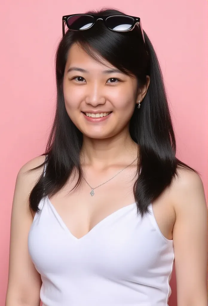 pretty asian woman wearing wet white tight tanktop, light pink background, sweat, shinny wet skin, (big breasts:1.3), cute light...