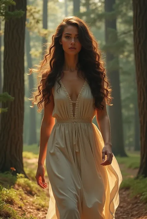 a very beautiful woman ,  with long brown curls ,  is walking approaching in a beautiful pine forest