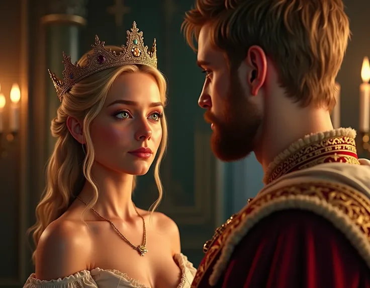 A queen with light blond hair ,  emerald green eyes,  pink skin and delicate European features naked for the king with short golden blonde hair,  amber eyes and a thinning beard on her wedding night . Medieval times.