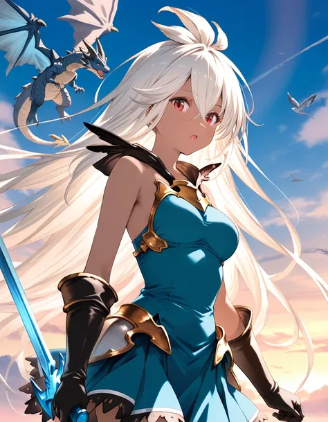 1girl, zooey_(granblue_fantasy), little female, dark-skinned female, very long hair, white hair, red eyes, beautiful detailed eyes, medium breasts,  open mouth, sword, dragon, outdoors, wind, game CG break,((artist:shida_kazuhiro)),(artist:mitsumi_misato),...