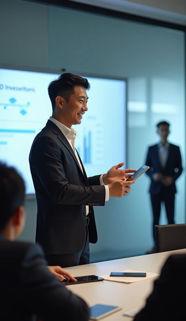 スマートでプロフェッショナルな外見の30代後半の日本人男性。 with a blurry team member visible in the background 、 clean hairstyle 。 presenting in a modern office conference room 。With a confident attitude, 、A Japanese man in his late 30s who has a smart and professional appearance is ...