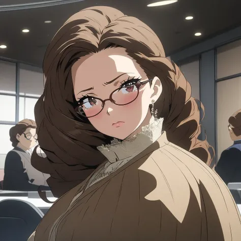 1 female, mature lady, ((sad expression)), very long wavy dark-brown hair, long eyelashes, brown eyes, large breasts, eyeglasses, brown coat, (in a meeting room), masterpiece, ultra HD, anime style, (my hero academia art style)