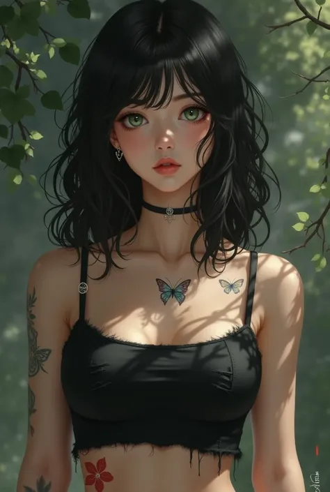 1 girl,  medium hair on the shoulders wavy black ,  green eyes,  serene but serious face , light skin, cropped preto,  ripped black denim shorts , ear piercing, tattoo of 2 butterflies  ( one medium and one smaller near the first green )  in the area of th...