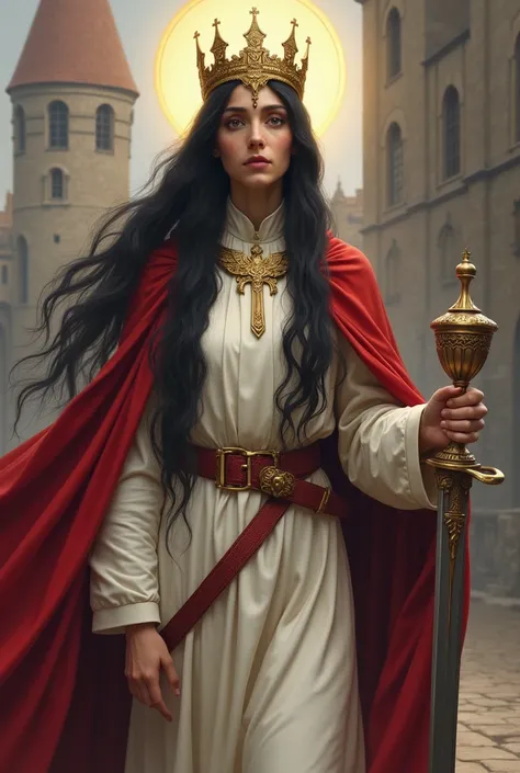  realistic image of a holy martyr .  wears very long black hair , white suit, red cape and belt ,  sword in one hand and a chalice in the other .  her crown is shaped like a medieval tower ,  in the background a medieval tower with three windows. 