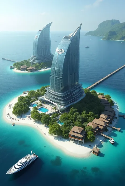 Created a Futuristic design Building with the logo RUSDHY HOTEL, surrounded by many small, simple, thatched-roofed antique lagoon water villas two white sand islands in the ocean, there a Luxury yachts docked at the hotel dock, Realistic Quality Ultra HD