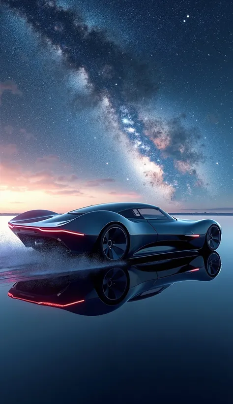 High resolution, masterpiece, Highest quality, High detail, High-resolution model, 3D rendering of a futuristic streamlined car driving through a sky sparkling with the Milky Way galaxy, 