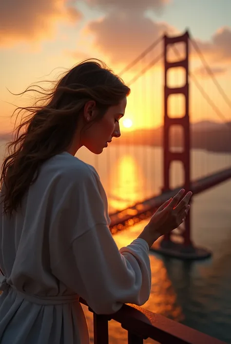 An ultra-realistic scene of a woman on the Golden Gate Bridge at sunset, about to jump in an act of despair. The woman is facing away from the camera, gripping the bridge’s railing with trembling hands, leaning forward toward the abyss. She is crying inten...