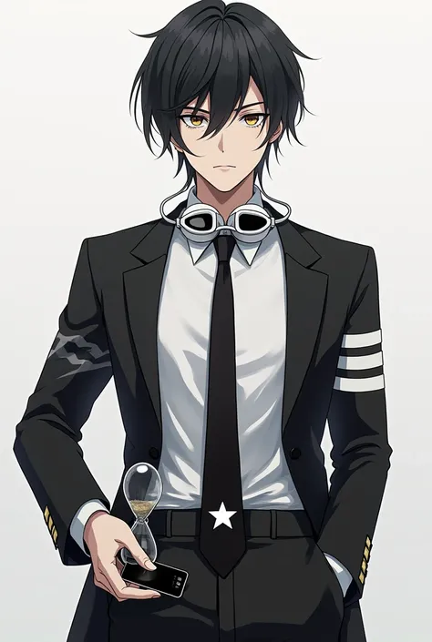 Shinichi Sakurai wearing a white shirt and black jacket with two white stripes on each sleeve of his hands and white swimming goggles with black visors right around the neck and a black tie with a white star in the middle and a huge hourglass in his hand o...