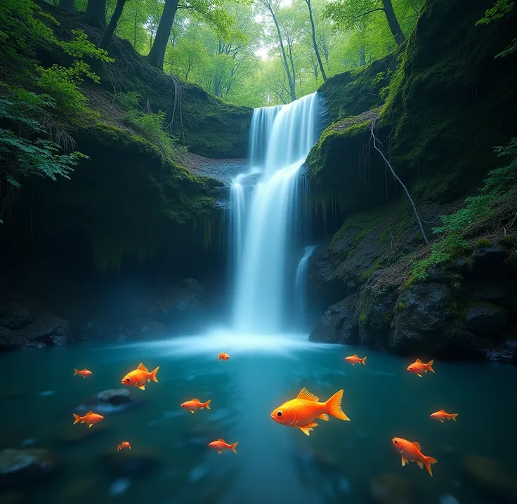 A waterfall in a forest ,And may the water be Christian with luminous fish 