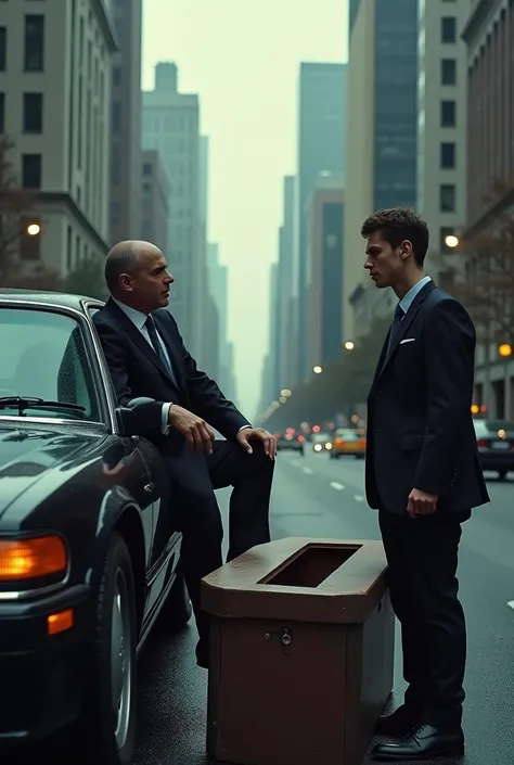 A rich man with his car is talking to a young man who has a coffin next to him