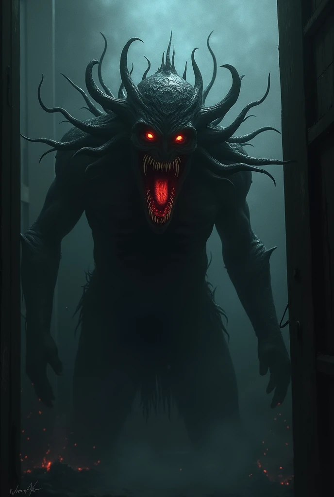 Scary demon or creature in a very very dark room 