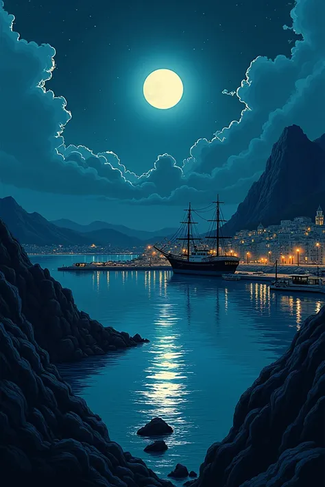 The Bay of Algiers in a manga style in a nocturnal atmosphere 