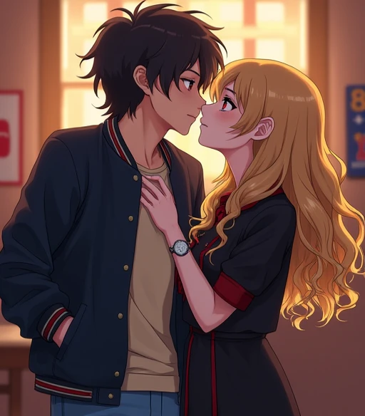 Boy 18 years old, dark hair,  clear eyes,  dark blue jacket with beige blouse , Blue jeans,  kissing an 18-year-old girl ,  long curly blonde hair , loose hair,  red eyes ,  black dress with red details,  black boots , Wristwatch,  bracelets on the wrist ,...